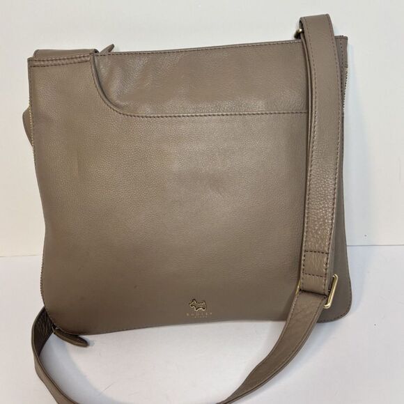 Radley London Beige Gray Leather Shoulder Bag Zip Top Crossbody Designer Purse - Picture 6 of 14